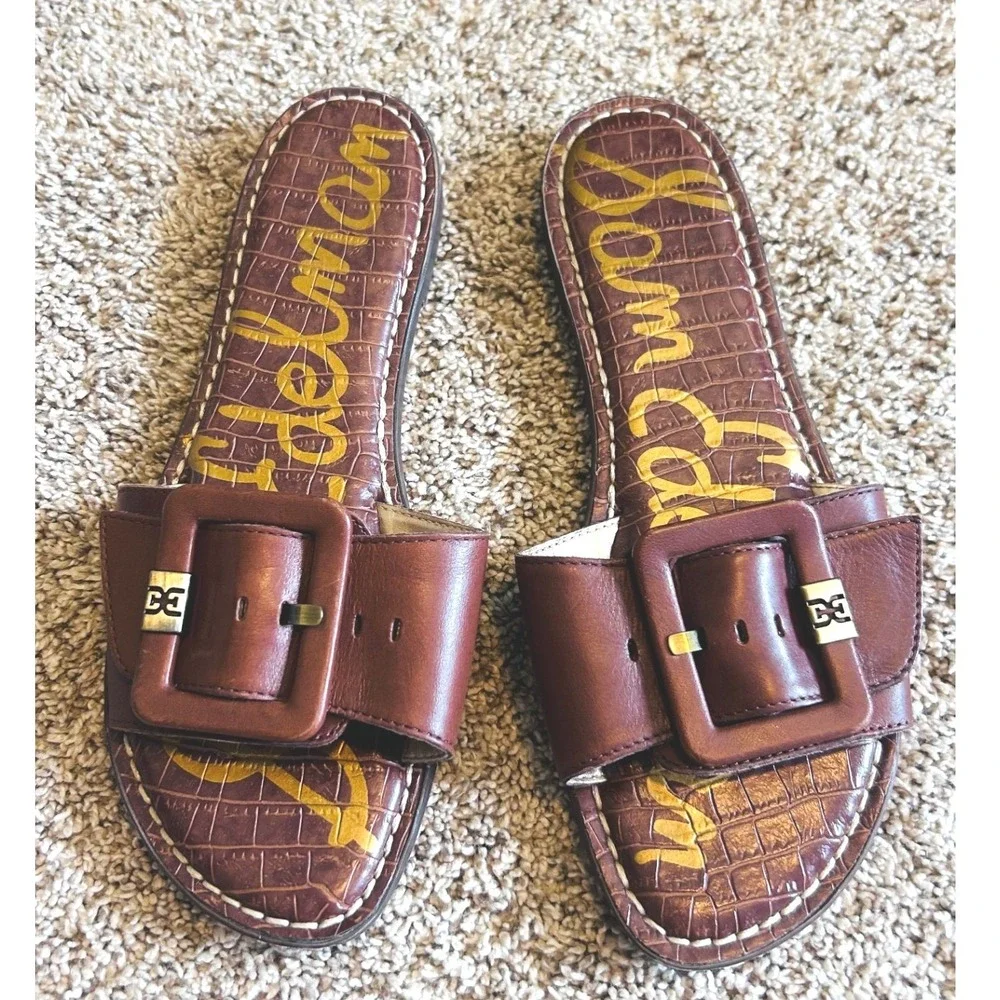 Sam Edelman Bay 8 Brown Leather Buckle Slide Sandals Womens 8.5 Flat Croc Print